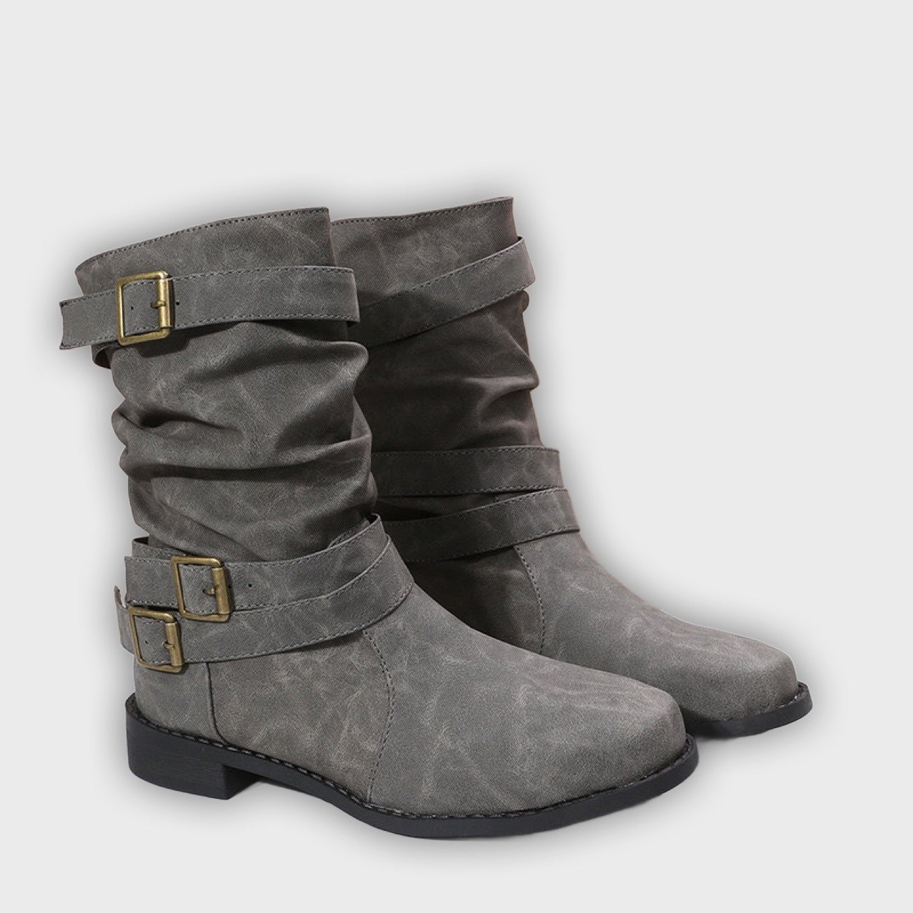 Romina – Women’s Buckle Strap Mid-Calf Boots with Chunky Heel & Round Toe