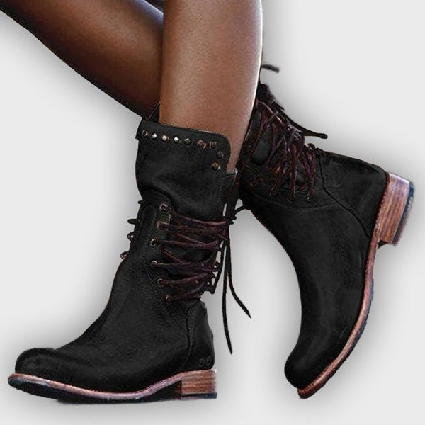 Rowan – Women’s Mid-Calf Lace-Up Leather Boots with Metal Stud Detail