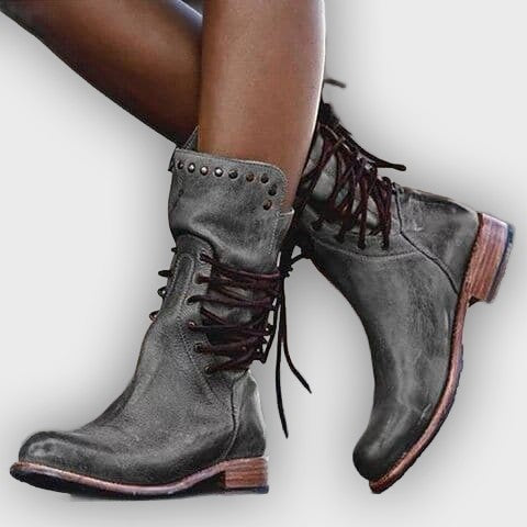 Rowan – Women’s Mid-Calf Lace-Up Leather Boots with Metal Stud Detail