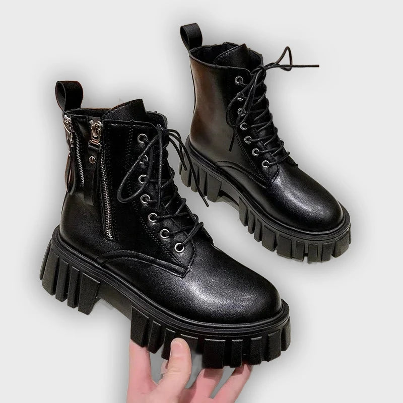 Selma – Women’s Chunky Platform Combat Boots with Side Zip & Lace-Up