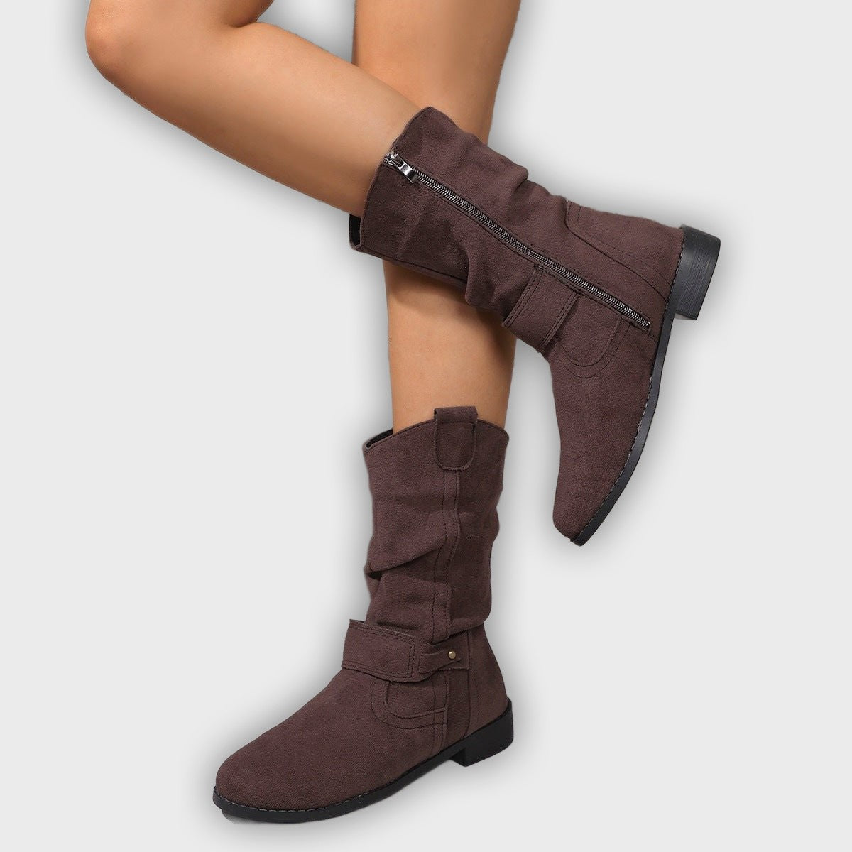 Sienna – Women’s Slouched Suede Mid-Calf Boots with Block Heel & Zip