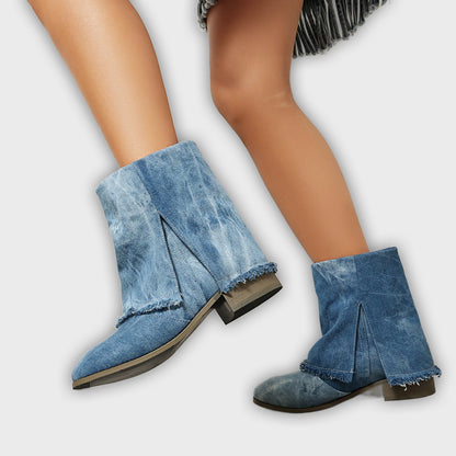 Sunniva – Women’s Denim Slip-On Ankle Boots with Distressed Trim & Side Slits