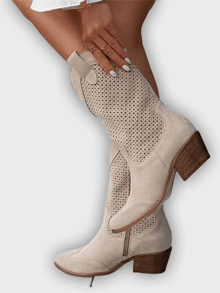 Tamera – Women’s Mid-Calf Cowboy Boots with Perforation & Side Zip