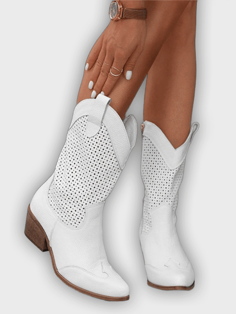 Tamera – Women’s Mid-Calf Cowboy Boots with Perforation & Side Zip