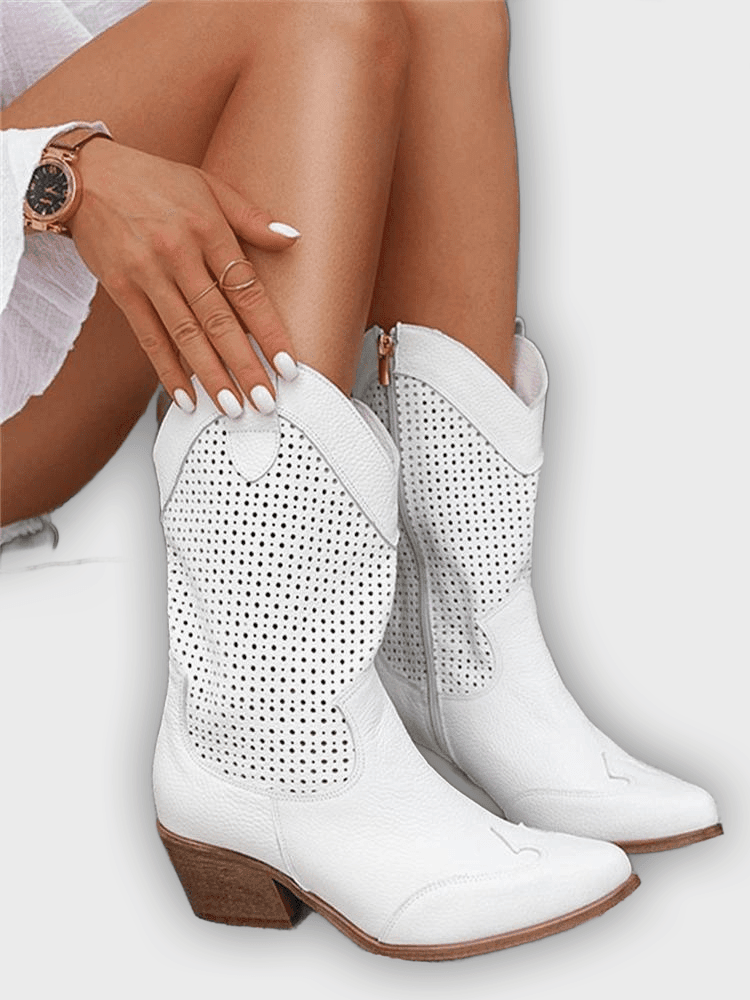 Tamera – Women’s Mid-Calf Cowboy Boots with Perforation & Side Zip
