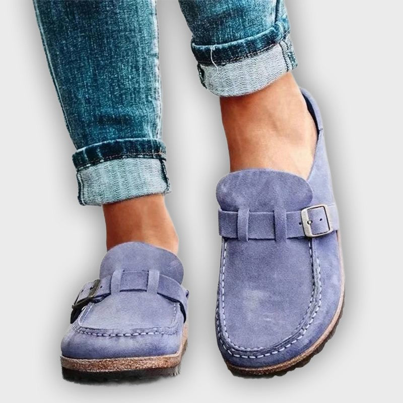 Tessa Women’s Mule Sandals – Suede Look – Buckle Strap – Low Heel