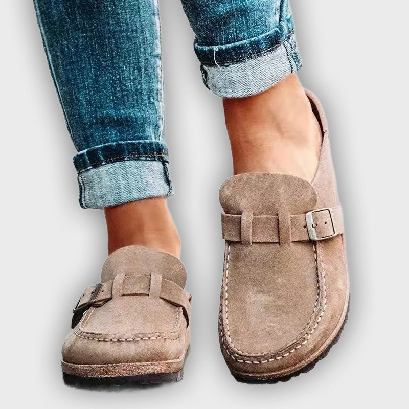Tessa Women’s Mule Sandals – Suede Look – Buckle Strap – Low Heel
