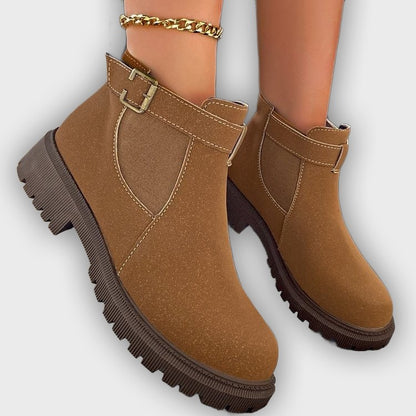 Thyra – Women’s Chunky Sole Ankle Boots with Retro Buckle Faux Leather