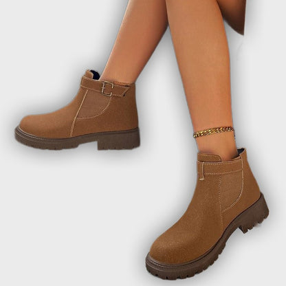 Thyra – Women’s Chunky Sole Ankle Boots with Retro Buckle Faux Leather