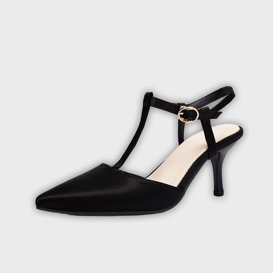 Eliza Women’s Heeled Sandals – Pointed Toe – T-Strap – Slim Fit – Faux Leather