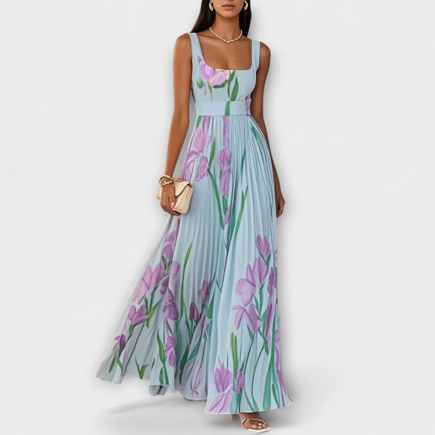Floral Chiffon Maxi Dress with Pleats