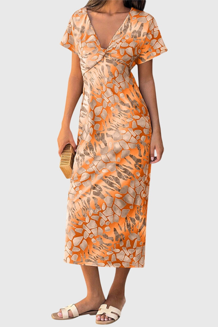 Dresses with Abstract Print and V-Neck Exposure