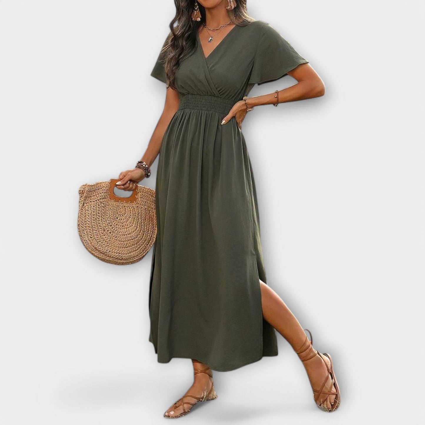 Heather - Elegant Boho V-Neck Dress with Long Sleeves