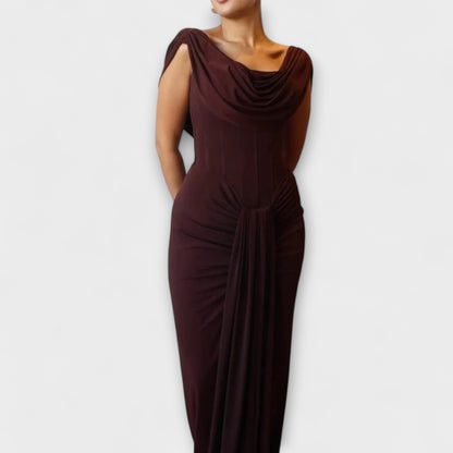 Elara - Chic Brown Maxi Evening Dress with Draped Neckline