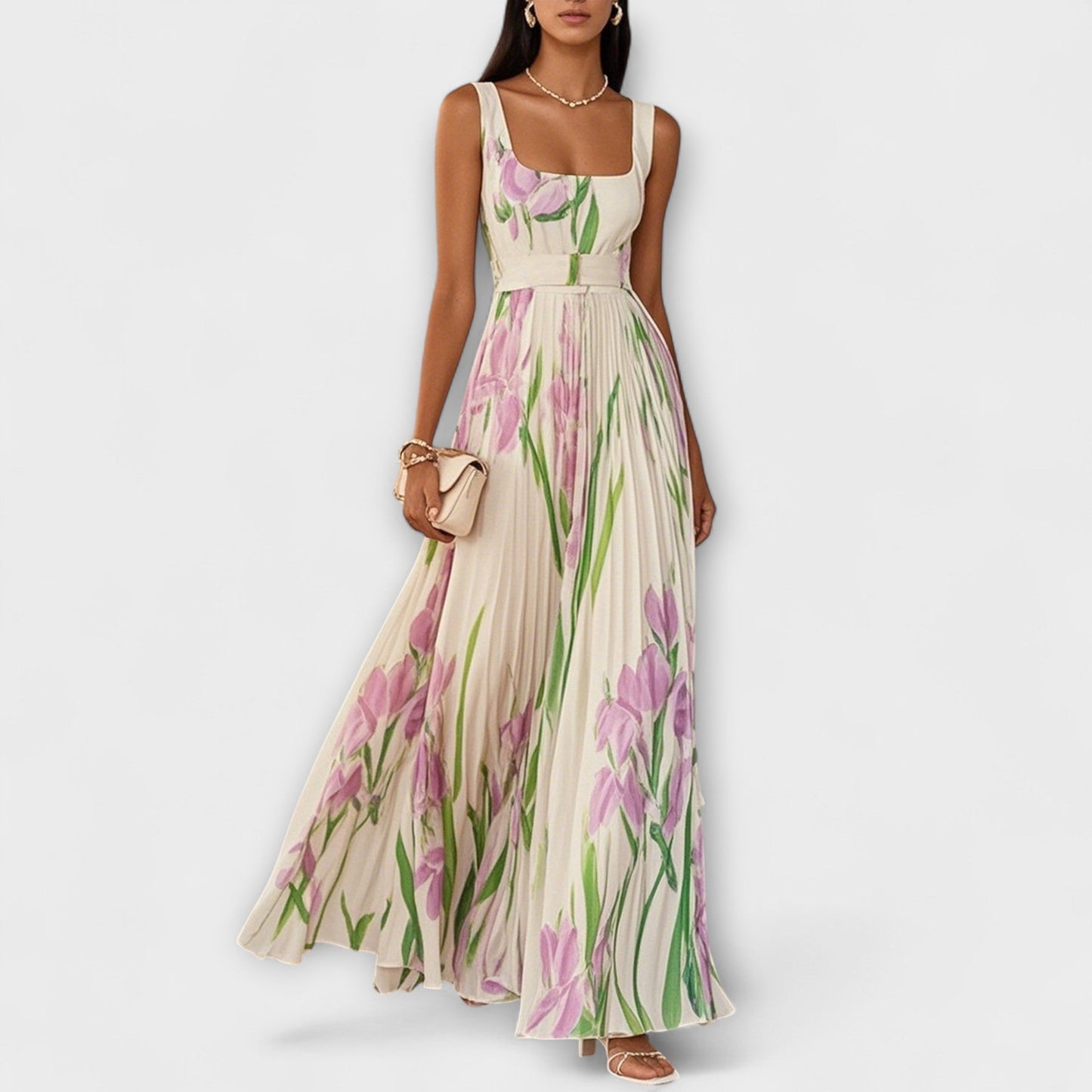 Floral Chiffon Maxi Dress with Pleats
