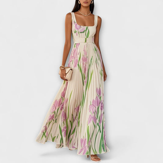 Floral Chiffon Maxi Dress with Pleats