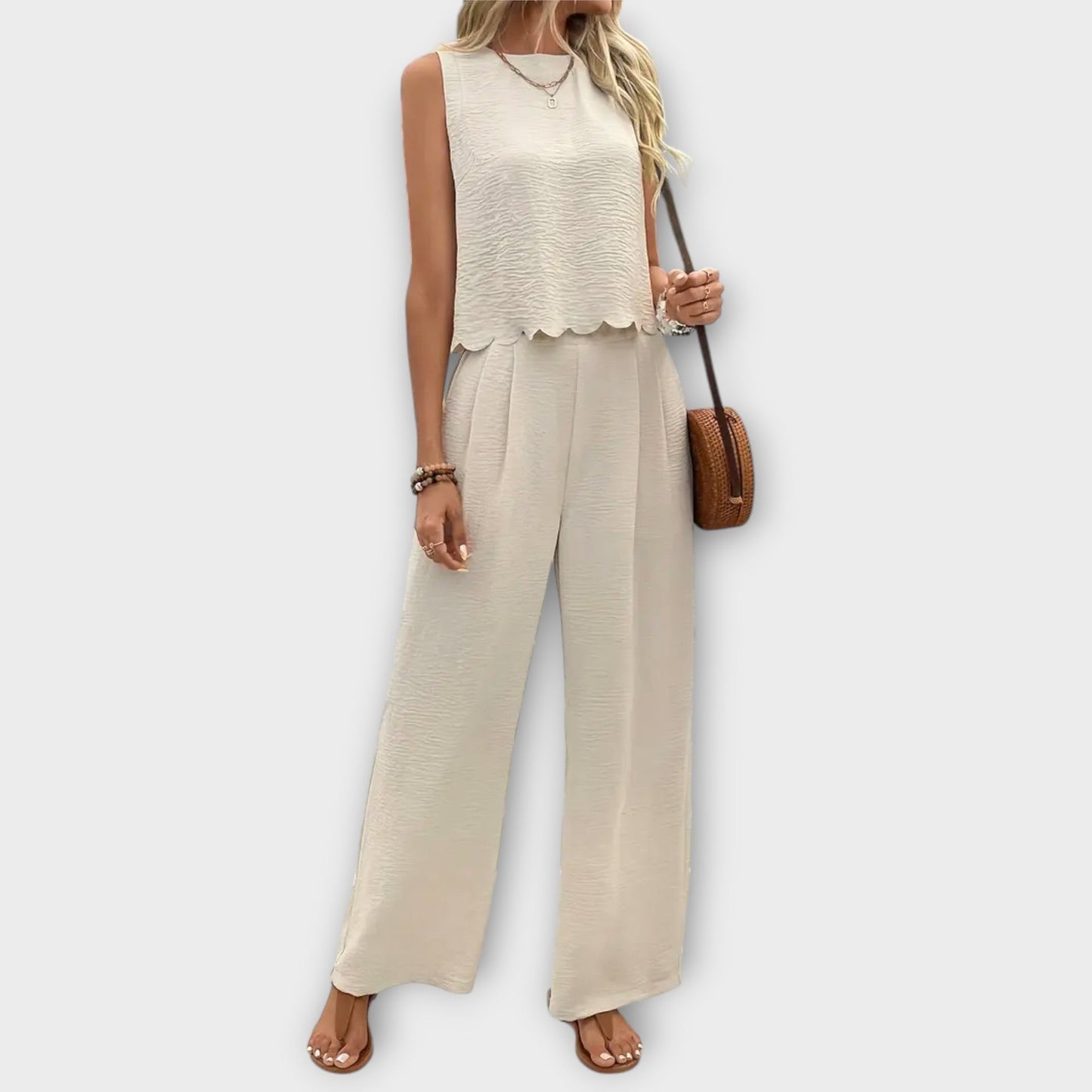 Valeria - Petal Trim Vest and Long Pants Set