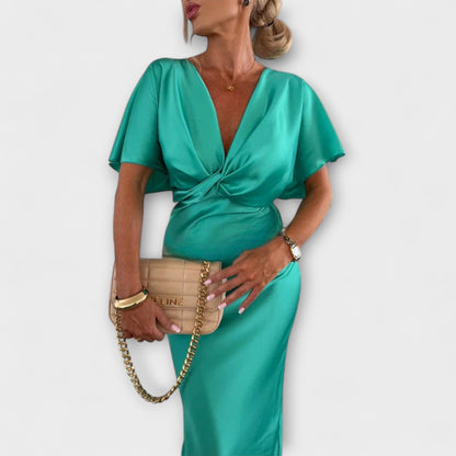 Sable - Solid Satin V-Neck Cross-Knot Slim Fit Maxi Dress