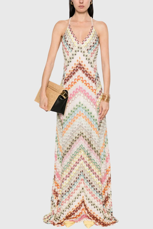 Long Agostina Dress with Lace and V Scott and Zigzag Pattern