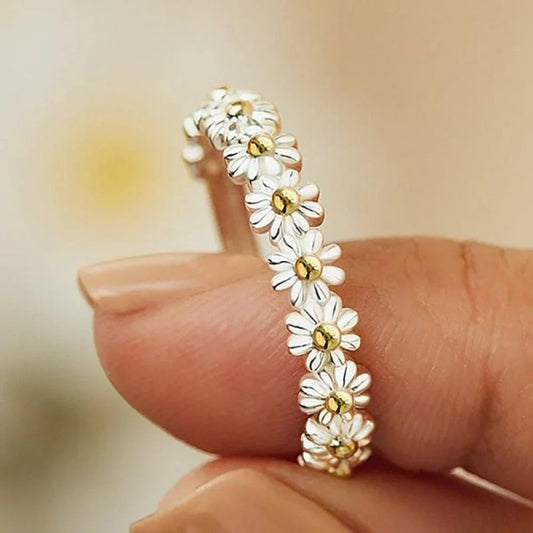 Adjustable Silver Ring with Hand-Painted Enamel Daisy Design