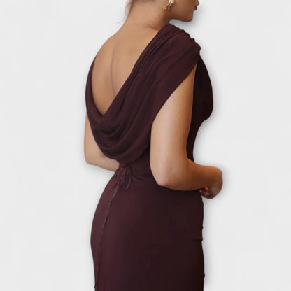 Elara - Chic Brown Maxi Evening Dress with Draped Neckline