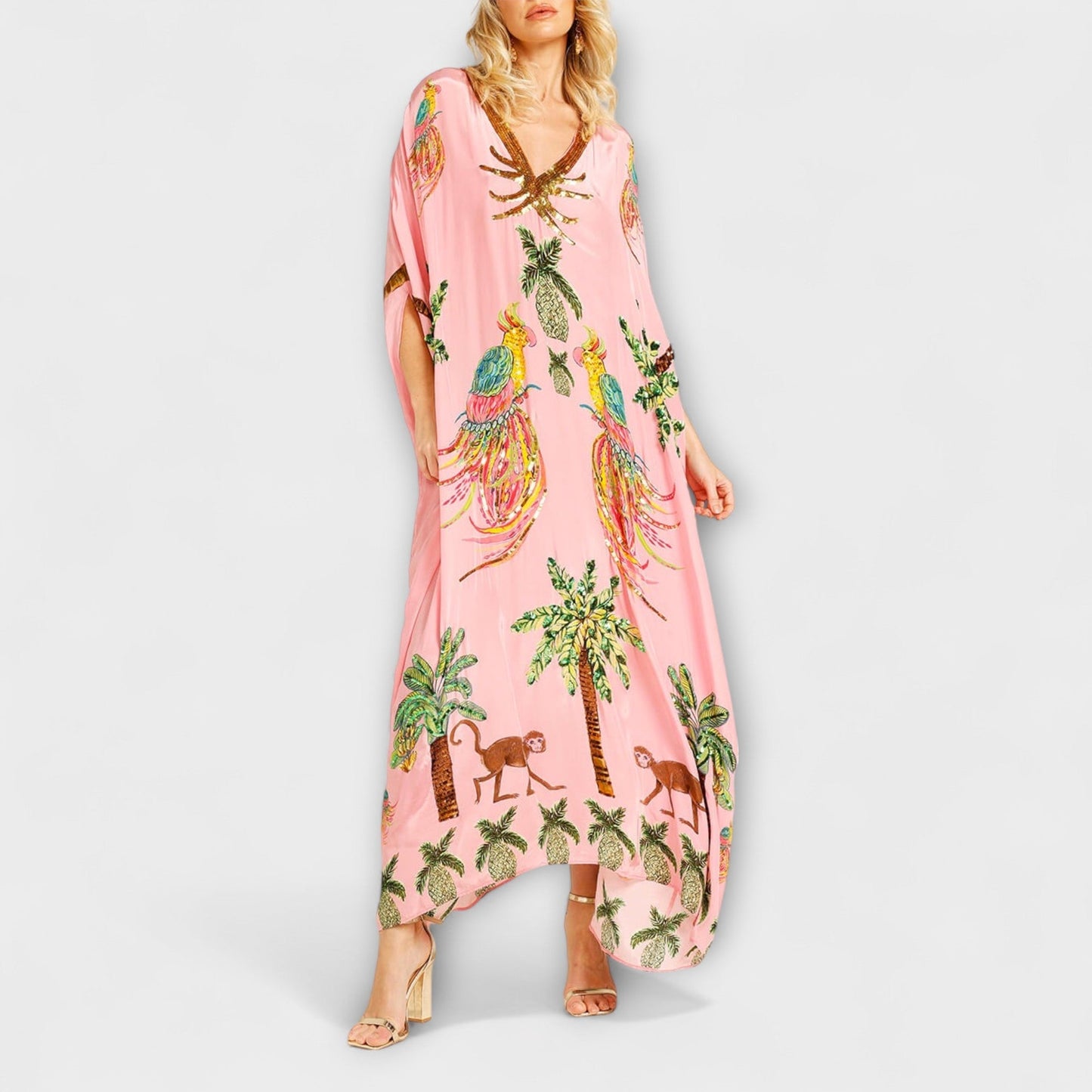 Linda - Stunning Dress with Asymmetrical Shoulders and Coconut Tree Print
