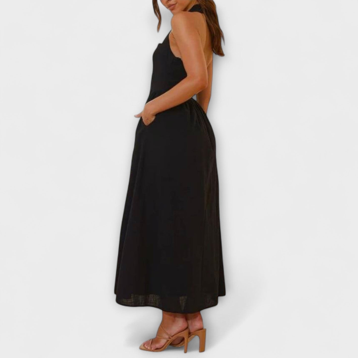Lydia - Mid-Length Black Halter Dress with Waist Accent