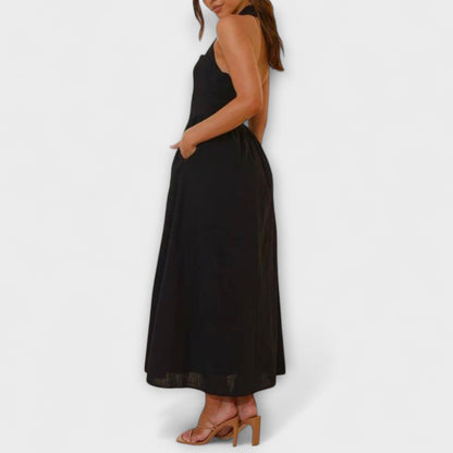 Lydia - Mid-Length Black Halter Dress with Waist Accent
