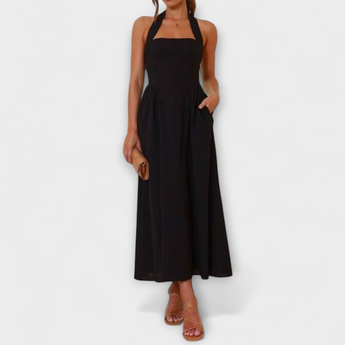 Lydia - Mid-Length Black Halter Dress with Waist Accent