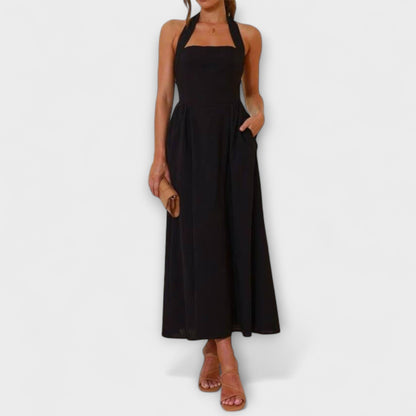 Lydia - Mid-Length Black Halter Dress with Waist Accent
