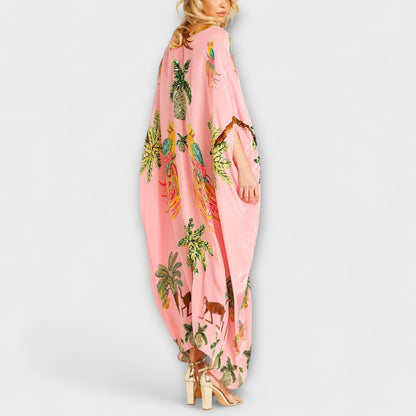 Linda - Stunning Dress with Asymmetrical Shoulders and Coconut Tree Print