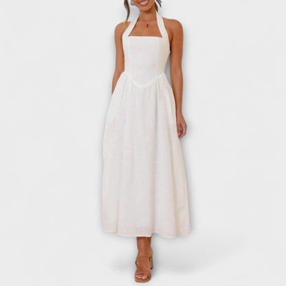 Lydia - Mid-Length Black Halter Dress with Waist Accent