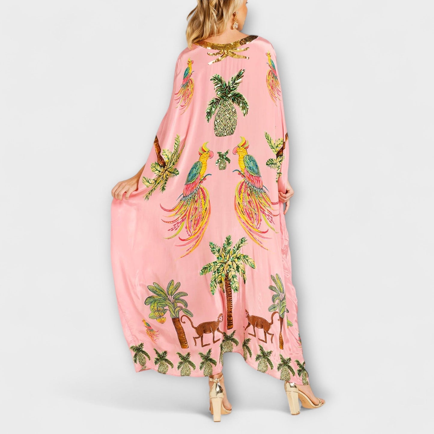 Linda - Stunning Dress with Asymmetrical Shoulders and Coconut Tree Print