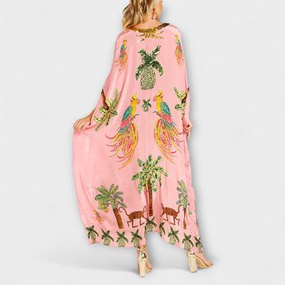 Linda - Stunning Dress with Asymmetrical Shoulders and Coconut Tree Print