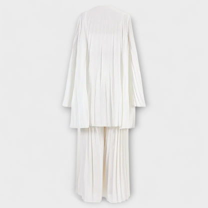 Evangeline - White Pleated Blouse with Wide-Leg Pants and Cardigan