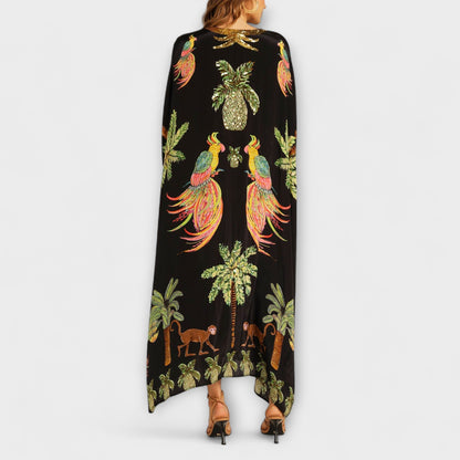 Linda - Stunning Dress with Asymmetrical Shoulders and Coconut Tree Print