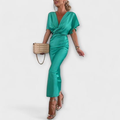 Sable - Solid Satin V-Neck Cross-Knot Slim Fit Maxi Dress