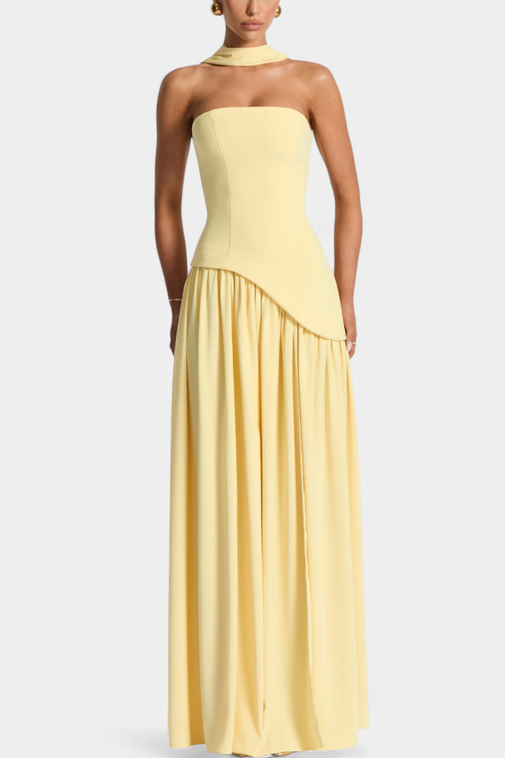Maxi Pilgrim Dress with Off-Shoulder Sleeves Made of Chiffon with a Side Slit