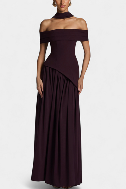 Maxi Pilgrim Dress with Off-Shoulder Sleeves Made of Chiffon with a Side Slit