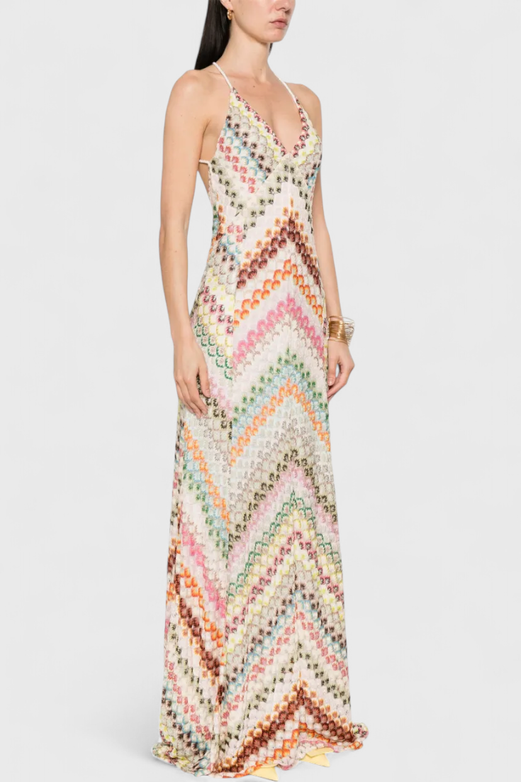 Agostina Long Lace Dress with V-Neck and Zigzag Pattern