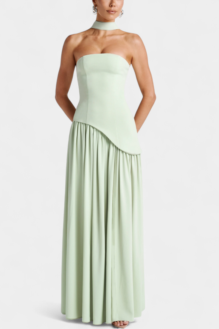 Maxi Pilgrim Dress with Off-Shoulder Sleeves Made of Chiffon with a Side Slit