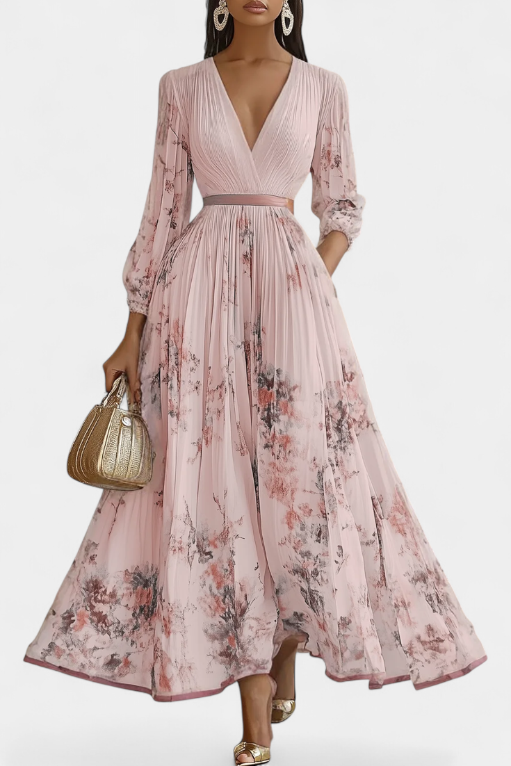 Phaedra Long Pleated Chiffon Dress with Balloon Sleeves