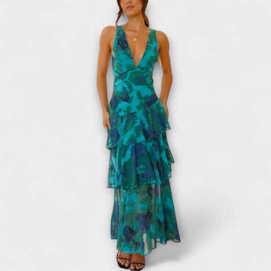 Domenica - V-Neck Chiffon Dress with Flowing Layers
