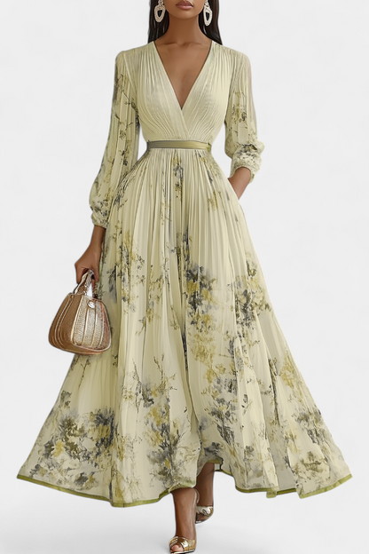 Phaedra Long Pleated Chiffon Dress with Balloon Sleeves