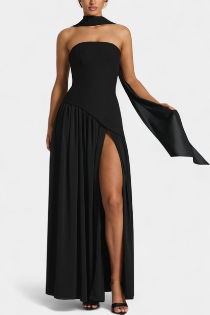 Maxi Pilgrim Dress with Off-Shoulder Sleeves Made of Chiffon with a Side Slit