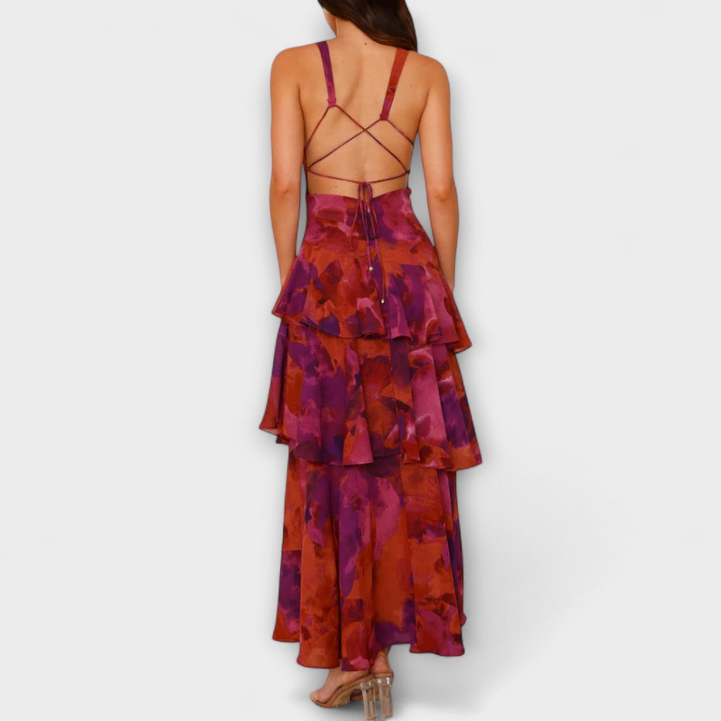 Domenica - V-Neck Chiffon Dress with Flowing Layers
