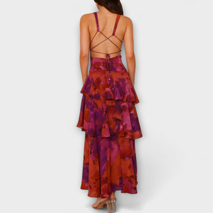 Domenica - V-Neck Chiffon Dress with Flowing Layers
