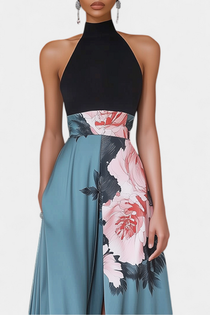Radmila A-Line Dress with Black Bodice and Contrasting Floral Skirt