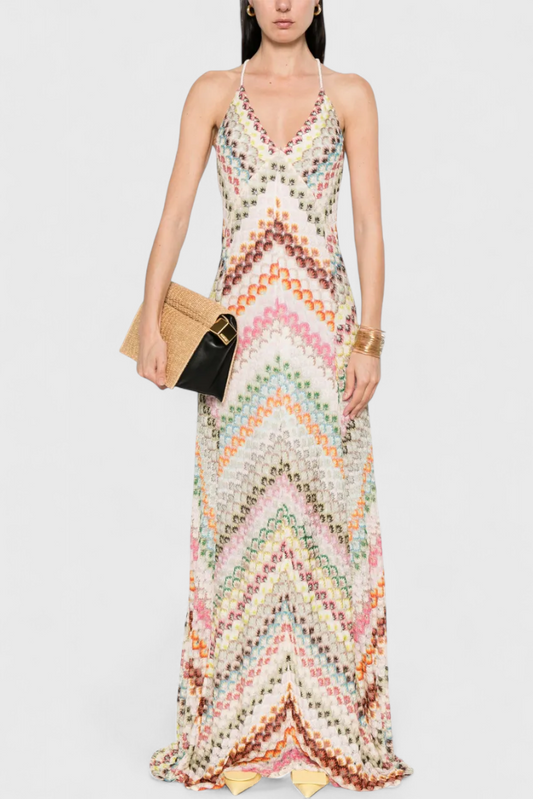 Agostina Long Lace Dress with V-Neck and Zigzag Pattern