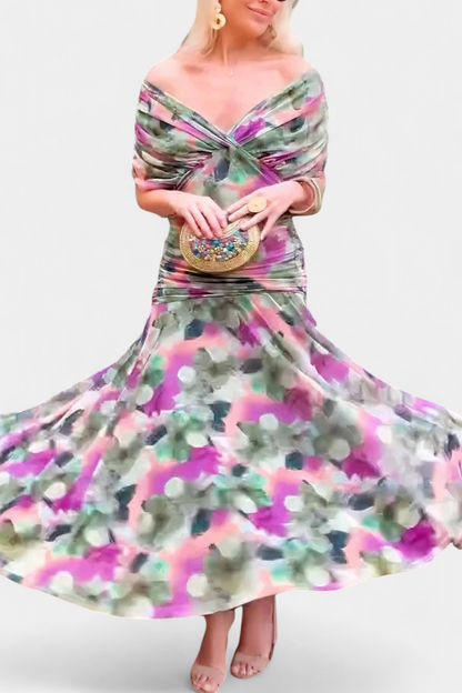Alondra Long Dress with Fantasy Floral Print and V-Neck